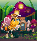 A flying bee near the enchanted mushroom house