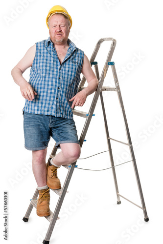 Photo: Builder on step ladder - isolated on white Builder on step ladder - isolated on white
