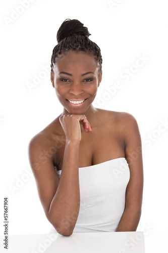 Photo: Portrait young African American smiling woman - black and white Portrait young African American smiling woman - black and white