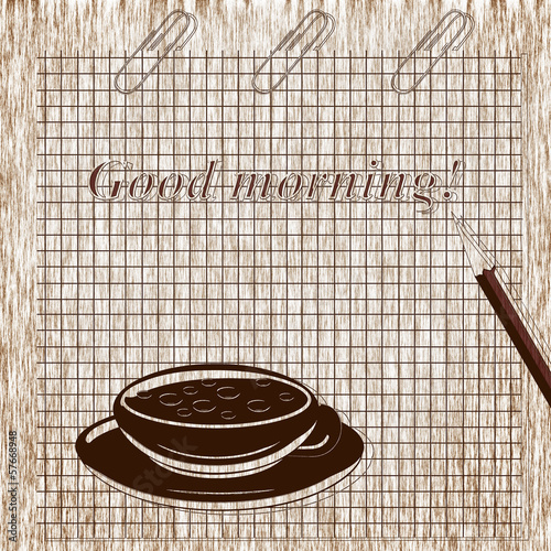 Illustration: A cup of coffee and a piece of paper. Wish. A cup of coffee and a piece of paper. Wish.