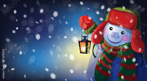 Vector: Vector snowman holding Christmas lantern on snowfall background. Vector snowman holding Christmas lantern on snowfall background.