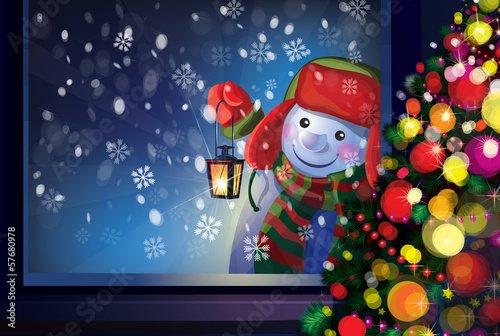 Vector: Vector snowman holding Christmas lantern and looking through win Vector snowman holding Christmas lantern and looking through win