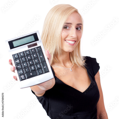 Photo: junge geschäftsfrau mit taschenrechner finanzen junge geschäftsfrau mit taschenrechner finanzen