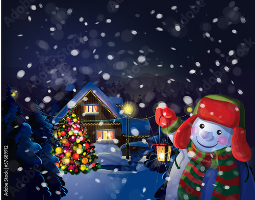 Vector: Vector snowman holding lantern on Christmas scene background. Vector snowman holding lantern on Christmas scene background.
