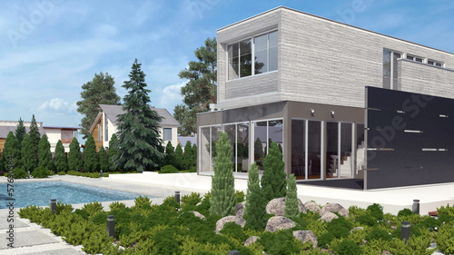 Illustration: Modern house exterior with swimming pool Modern house exterior with swimming pool