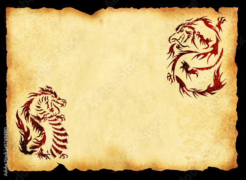 Illustration: Ancient parchment with the image of dragons Ancient parchment with the image of dragons