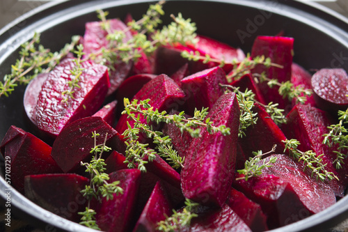 Photo: Food: Raw Beetroot and Thyme in a Tagine, ready to be stewed Food: Raw Beetroot and Thyme in a Tagine, ready to be stewed