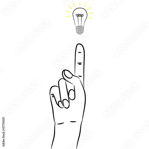 Vector: Sketch of a hand witha forefinger and a bulb Sketch of a hand witha forefinger and a bulb