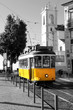 Lisbon old yellow tram over black and white background Lisbon old yellow tram over black and white background