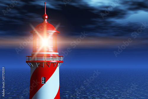Illustration: Lighthouse at dark night in ocean Lighthouse at dark night in ocean
