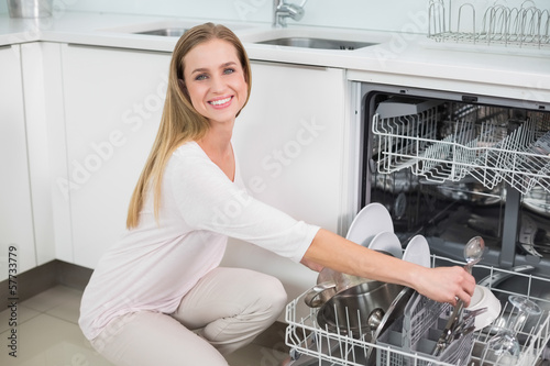 Photo: Cheerful gorgeous model kneeling next to dish washer Cheerful gorgeous model kneeling next to dish washer