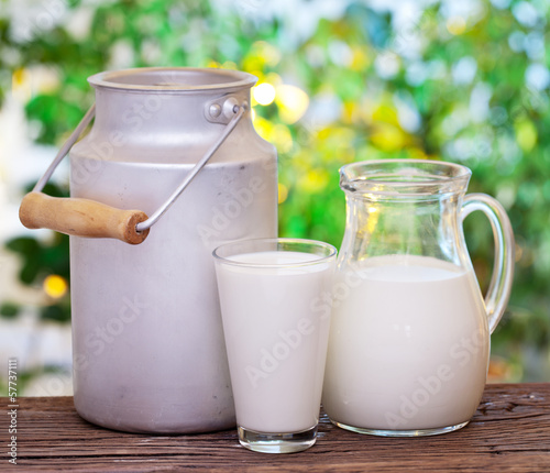 Photo: Milk in various dishes. Milk in various dishes.