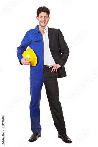Photo: Junger Mann halb im Anzug und im Blaumann Junger Mann halb im Anzug und im Blaumann