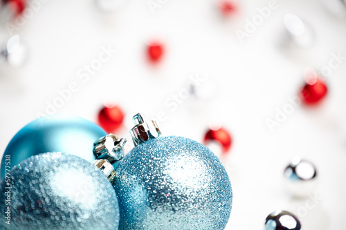Photo: Christmas decoration, blue ball on white background Christmas decoration, blue ball on white background
