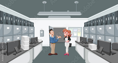 Vector: Happy cartoon couple working on office Happy cartoon couple working on office