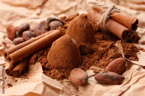 Photo: Composition of chocolate truffles, cocoa and spices Composition of chocolate truffles, cocoa and spices