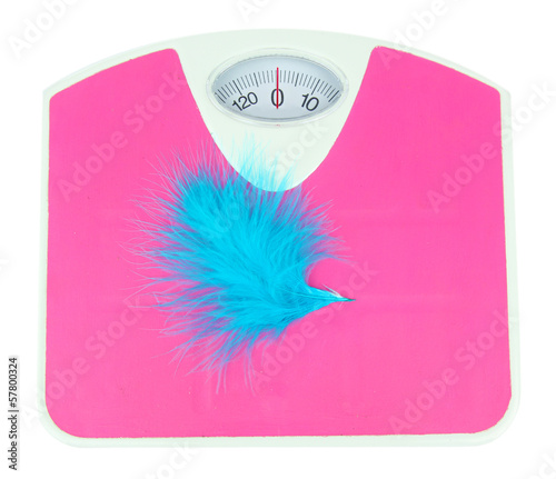 Photo: Feather on scales isolated on white Feather on scales isolated on white
