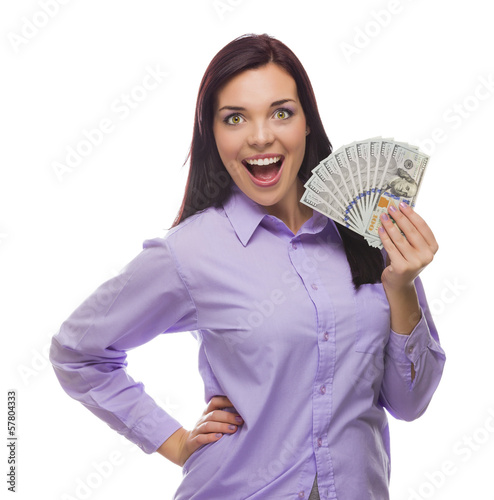 Photo: Mixed Race Woman Holding the New One Hundred Dollar Bills Mixed Race Woman Holding the New One Hundred Dollar Bills