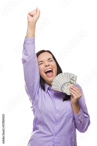 Photo: Mixed Race Woman Holding the New One Hundred Dollar Bills Mixed Race Woman Holding the New One Hundred Dollar Bills