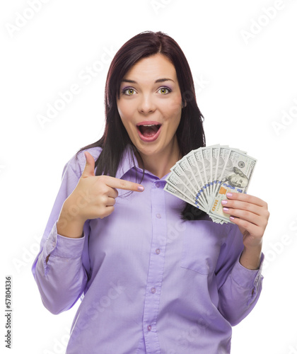 Photo: Mixed Race Woman Holding the New One Hundred Dollar Bills Mixed Race Woman Holding the New One Hundred Dollar Bills