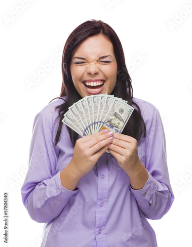 Photo: Mixed Race Woman Holding the New One Hundred Dollar Bills Mixed Race Woman Holding the New One Hundred Dollar Bills