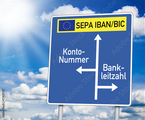 Photo: Wegweiser in Blau mit S€PA und Kontonummer BLZ Wegweiser in Blau mit S€PA und Kontonummer BLZ