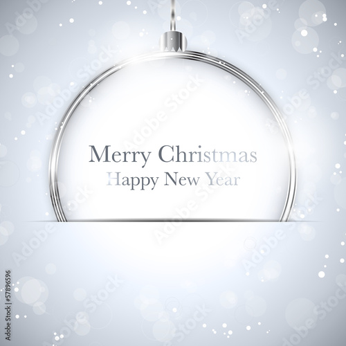 Vector: Merry Christmas Happy New Year Ball Silver with Stars and Snowfl Merry Christmas Happy New Year Ball Silver with Stars and Snowfl