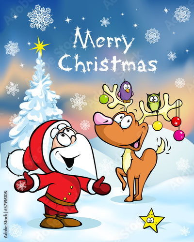 Vector: Merry Christmas greeting card, funny santa claus and reindeer Merry Christmas greeting card, funny santa claus and reindeer