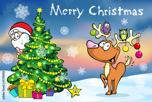 Vector: Merry Christmas greeting card, santa claus hidden behind e tree Merry Christmas greeting card, santa claus hidden behind e tree