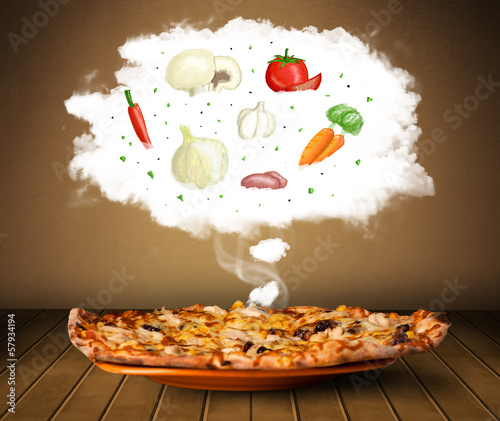 Photo: Pizza with vegetable ingredients illustration in cloud Pizza with vegetable ingredients illustration in cloud