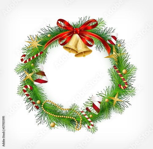 Vector: Christmas garland with bells and holly berry Christmas garland with bells and holly berry