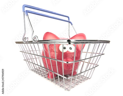 Photo: A piggy bank standing in a metal shopping basket A piggy bank standing in a metal shopping basket