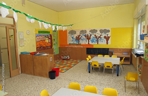 Photo: classroom in a kindergarten with tables and yellow chairs classroom in a kindergarten with tables and yellow chairs