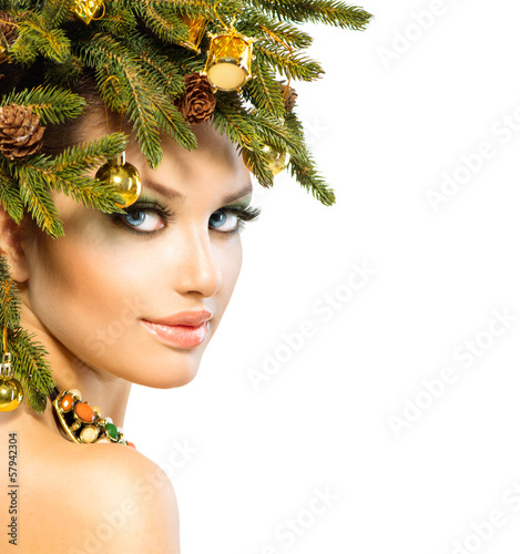 Photo: Christmas Woman. Christmas Holiday Hairstyle and Makeup Christmas Woman. Christmas Holiday Hairstyle and Makeup