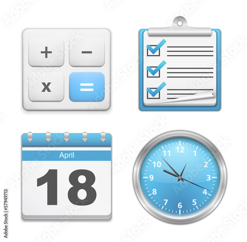 Vector: Office Icons - Calculator, Clipboard, Calendar and Clock Office Icons - Calculator, Clipboard, Calendar and Clock