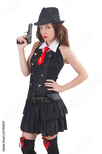 Photo: Young woman gangster with gun on white Young woman gangster with gun on white