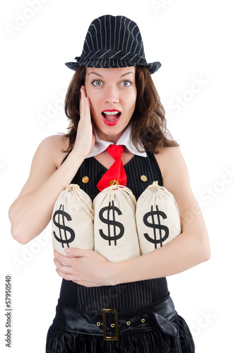 Photo: Woman gangster with money sacks on white Woman gangster with money sacks on white