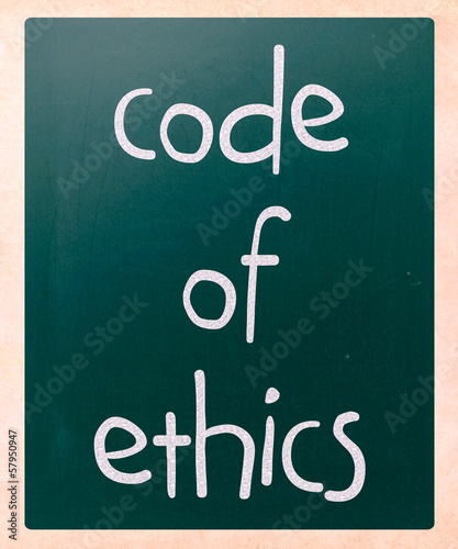 Illustration: "Code of ethics" handwritten with white chalk on a blackboard "Code of ethics" handwritten with white chalk on a blackboard
