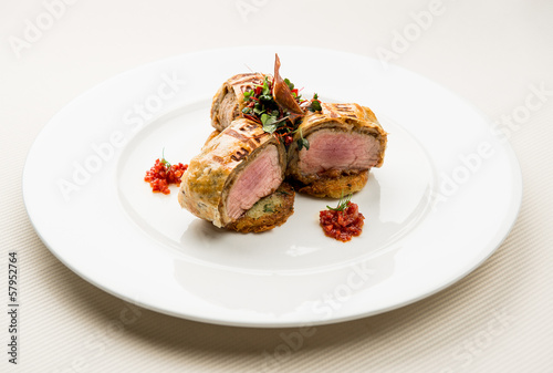 Photo: Roasted juicy beef steak with potato pancakes Roasted juicy beef steak with potato pancakes