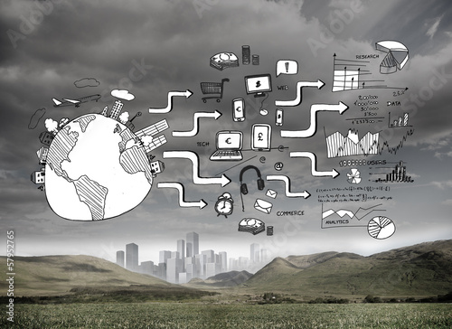 Photo: Black white graphic over cloudy landscape Black white graphic over cloudy landscape