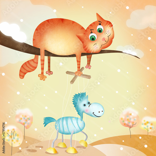 Illustration: Cute illustration with cat holding horse as marionette Cute illustration with cat holding horse as marionette