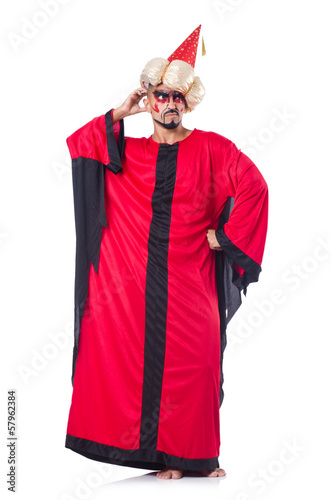 Photo: Wizard in red costume isolated on white Wizard in red costume isolated on white