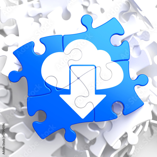 Illustration: Cloud with Arrow Icon on Blue Puzzle. Cloud with Arrow Icon on Blue Puzzle.