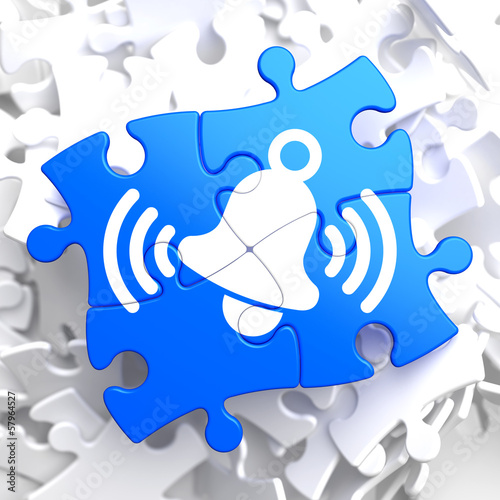 Illustration: Ringing White Bell Icon on Blue Puzzle. Ringing White Bell Icon on Blue Puzzle.