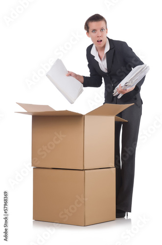 Photo: Woman businesswoman with boxes on white Woman businesswoman with boxes on white