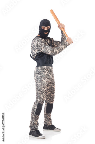 Photo: Soldier with baseball bat isolated on white Soldier with baseball bat isolated on white