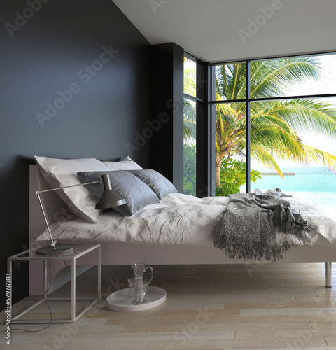 Illustration: Tropical bedroom interior with double bed and seascape view Tropical bedroom interior with double bed and seascape view