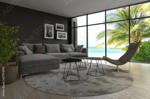 Illustration: Modern living room interior with seascape view and palm tree Modern living room interior with seascape view and palm tree