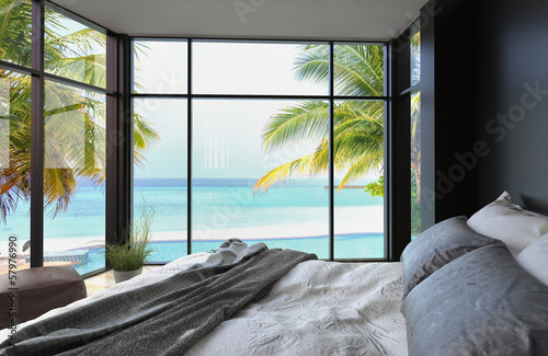 Illustration: Tropical bedroom interior with double bed and seascape view Tropical bedroom interior with double bed and seascape view