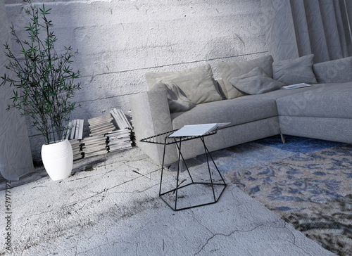Illustration: Gray couch against concrete wall with carpet Gray couch against concrete wall with carpet
